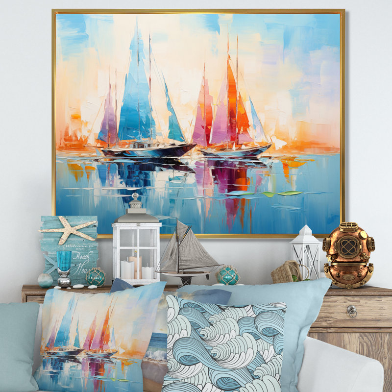 Sailboat Abstract Coastal Symphony I - Sailing Boat Canvas Wall Art, H 34 po x l 44 po x P 1,5 po, Cadre flottant doré