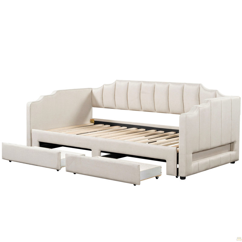 Lit de jour double rembourré avec bandes lumineuses à DEL, beige
