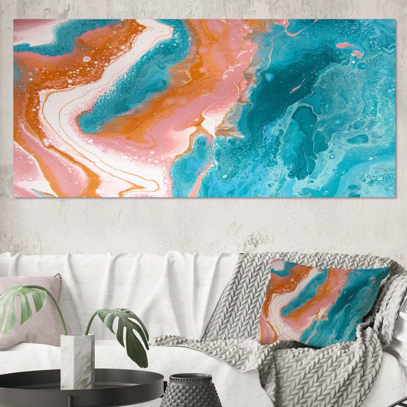 Turquoise et vagues de marbre rose II - peinture sur toile, H 28 po x l 60 po x P 1,5 po, Toile tendue
