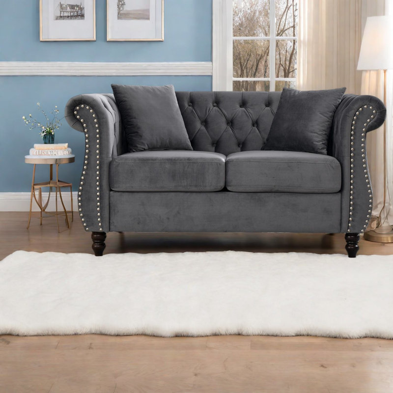 Causeuse Chesterfield à compression en velours gris 58,8 pouces pour la maison