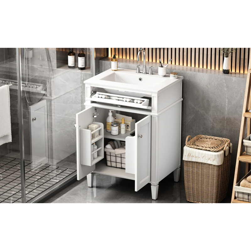 Meuble-lavabo de 61 cm (24 po), deux portes, tiroir, lavabo en céramique et fonction de fermeture en douceur pour salles de bain compactes. Rangement à 2 portes de 61 cm (24 po), rails coulissants basculants.