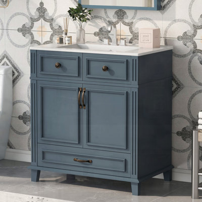 Retro Style Bathroom Vanity with Ceramic Sink Solid Wood Soft Close Doors