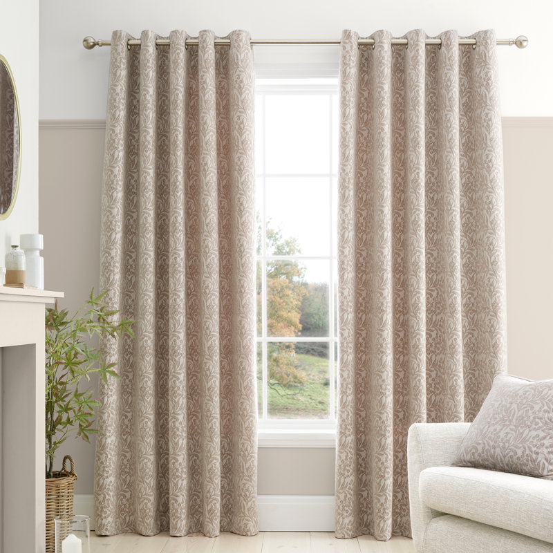 Chenille Leaves Lined Eyelet Curtains, Natural, 46x72 Inch