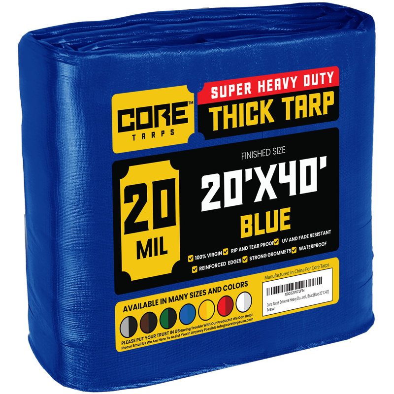 Bâche en polyéthylène robuste de 20 mil, imperméable et résistante aux rayons UV, Bleu, 12 ft. x 25 ft.