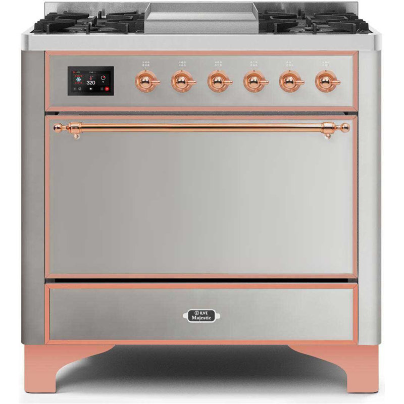 Cuisinière à double combustible 36 pouces avec 6 brûleurs scellés et plaque chauffante ILVE Majestic II Series (porte pleine)
