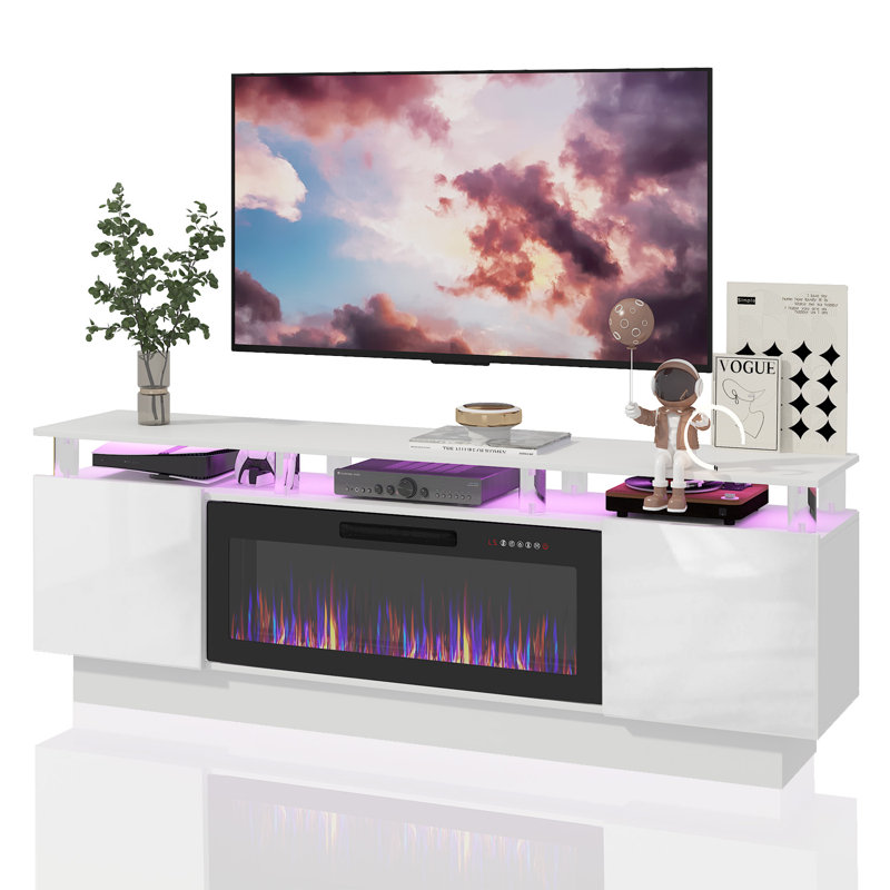 2 Tier High 70" Gloss Tv Stand With Electric Fireplace, White/Black