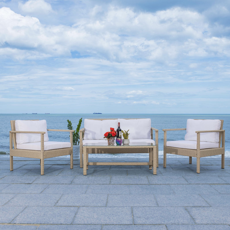 Ensemble de conversation à chaises multiples en rotin 4 pièces avec coussins Cabbar, Beige