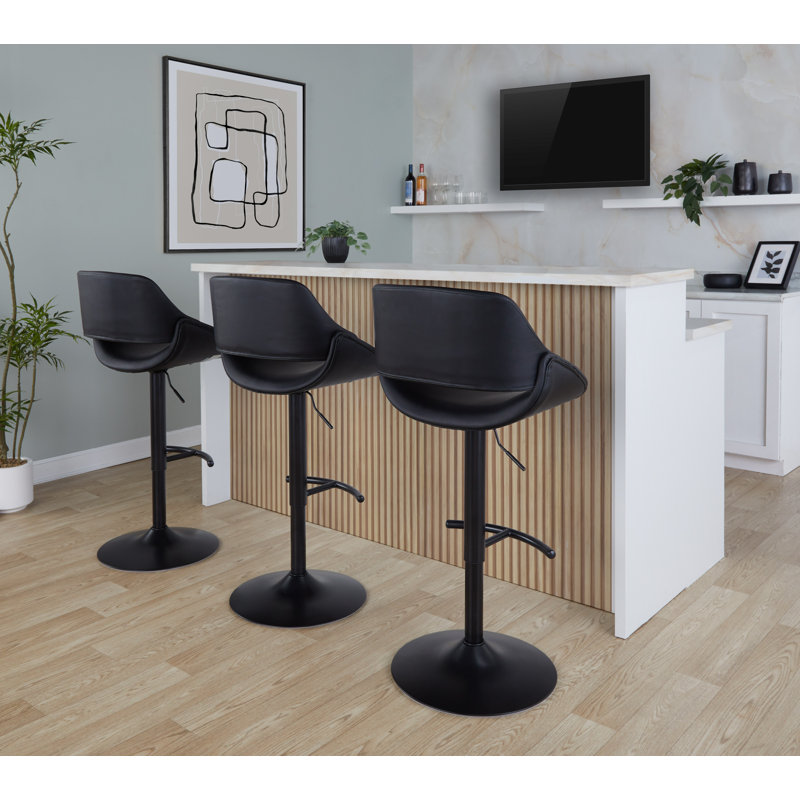 Najrin Adjustable Faux Leather Bar Stool with Rounded T Footrest (Set of 2), Black, Black