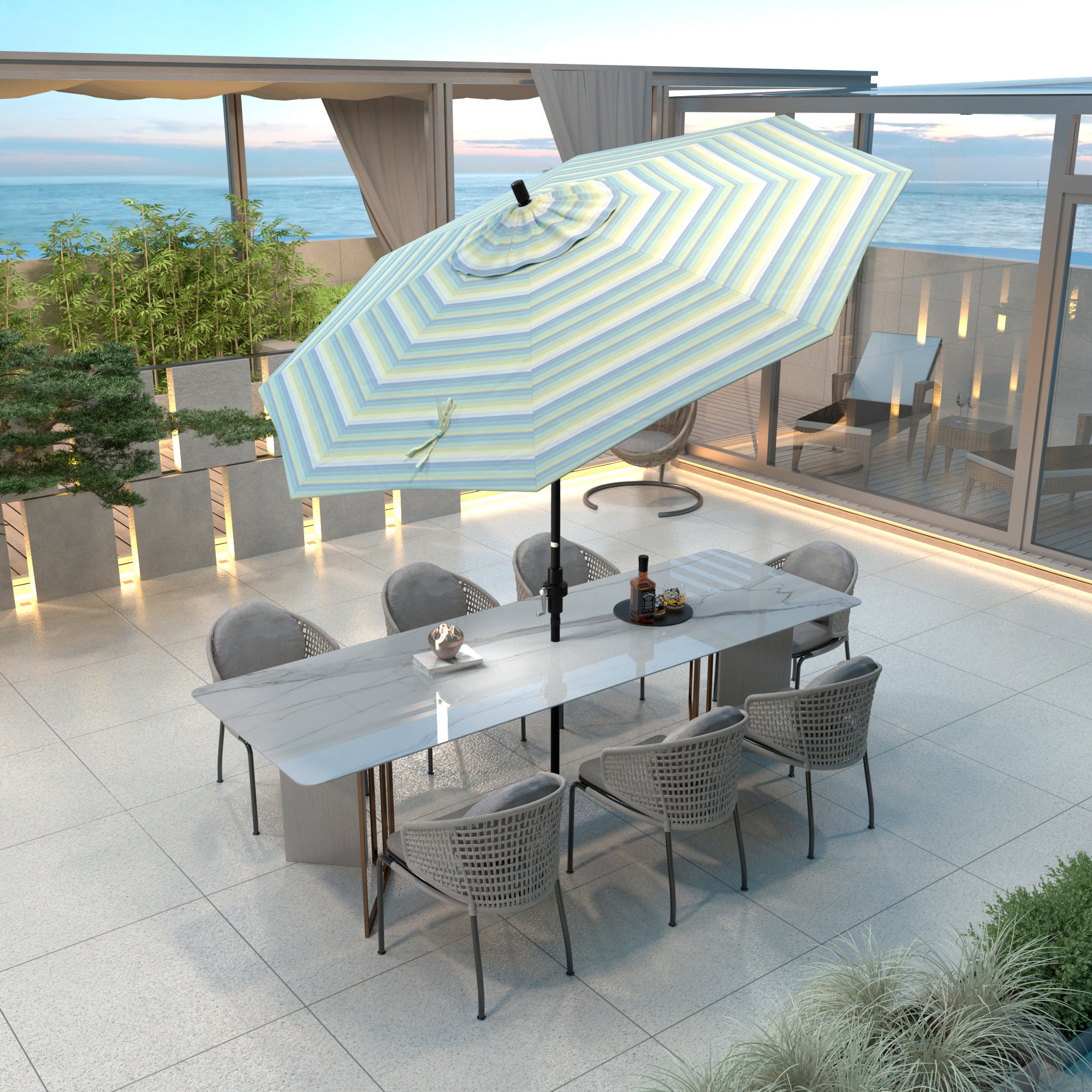 Garita 108'' Market Sunbrella® Umbrella, Seville Seaside Stripe Sunbrella®, Stone Black