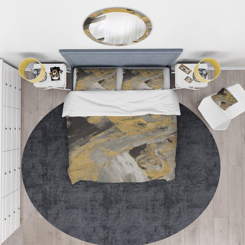 Mustard Yellow And Vivid Gray IV - Duvet Cover Set - Microfiber Polyester, King Duvet Cover + 2 King Shams, Abstract 2