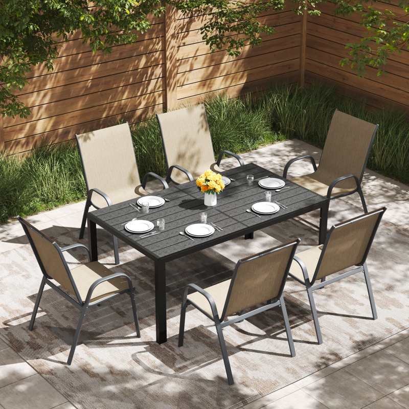 6 - Person Outdoor Patio Dining Set, 59.1'' Hdpe Dining Table & Stackable Chairs , All Weather Dining Set For Lawn, Garden, Backyard