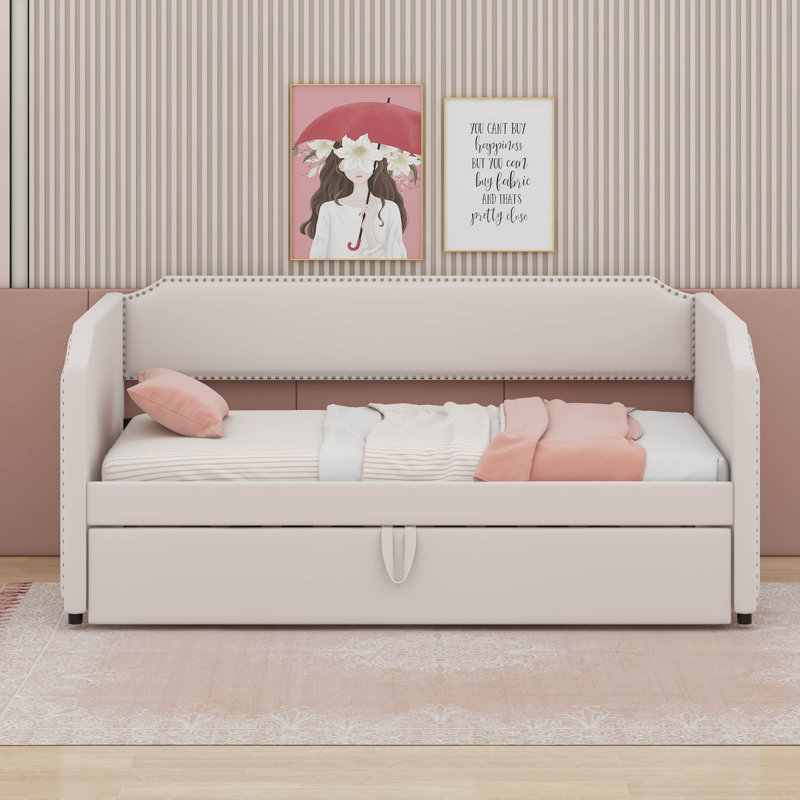 Lit de jour simple en velours rembourré avec lit gigogne, Beige