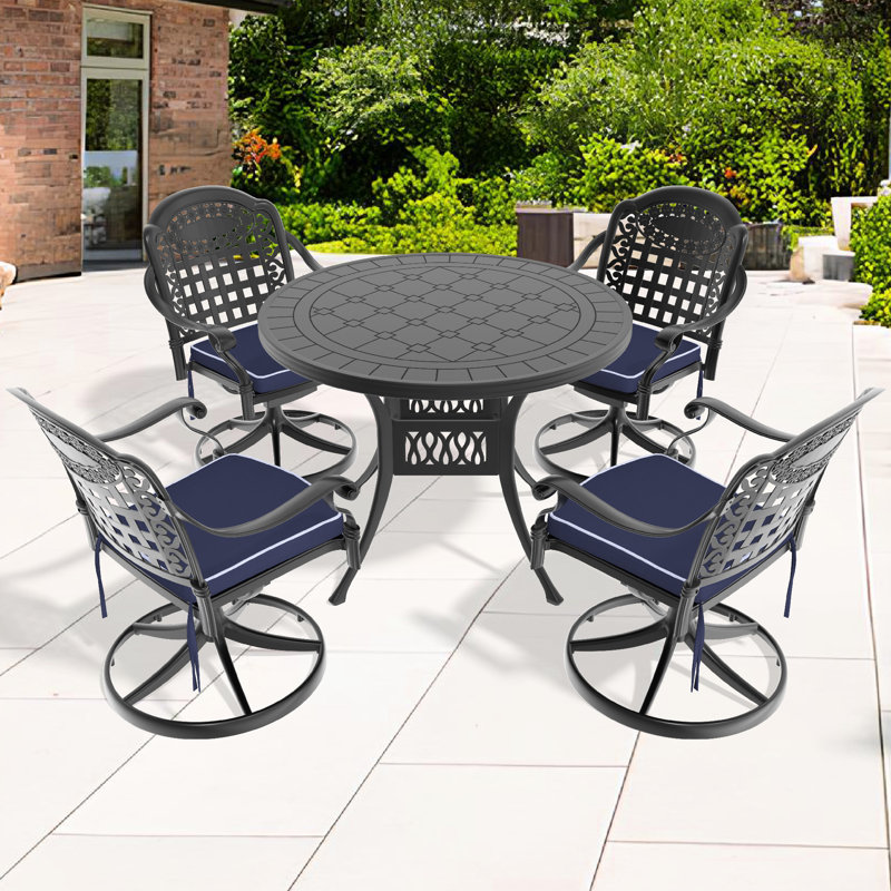 All-Weather 5 Aluminum Dining Group - 4 Swivel Chairs & 39.37" Round Table, Black, Fine Appearance, Comfortable Seating, Cushions Included Arrangement Stylish