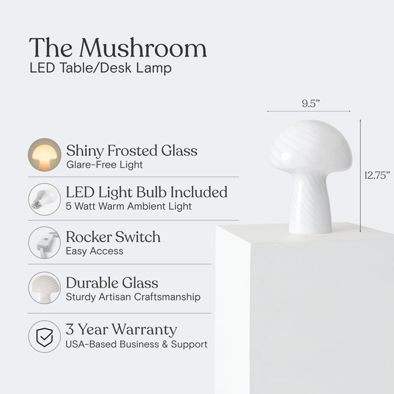 Mushroom 12.75 in. Vintage Inspired Modern LED Bedside Table Lamp with Frosted Glass Shade - Bundle Set of 2