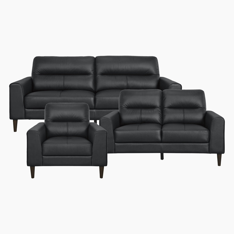 Ensemble de salon moderne en cuir fleur 3 pièces Upton, Cuir synthétique noir