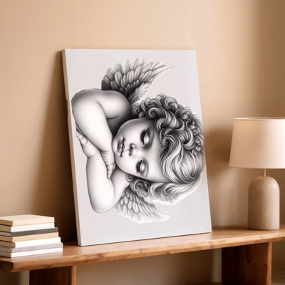 Ange endormi chérubin noir et blanc, impression de chambre de bébé, reproduction d'art sur toile, art mural chrétien noir et blanc pour salon, chambre, bureau, couloir, galerie, décoration murale