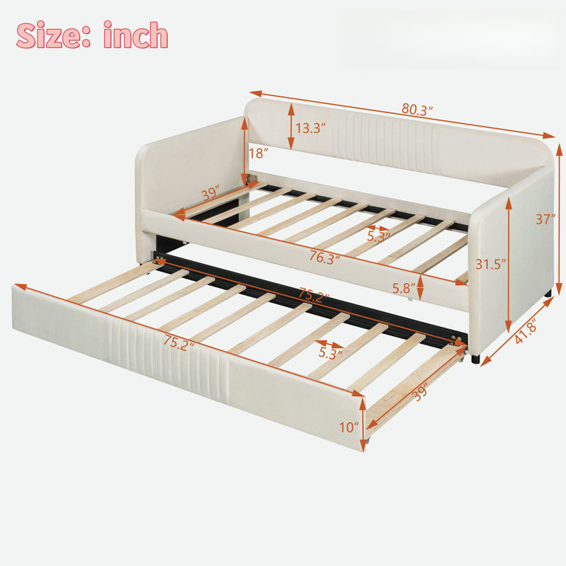 Upholstered Daybed With Trundle And Wood Slat, Beige
