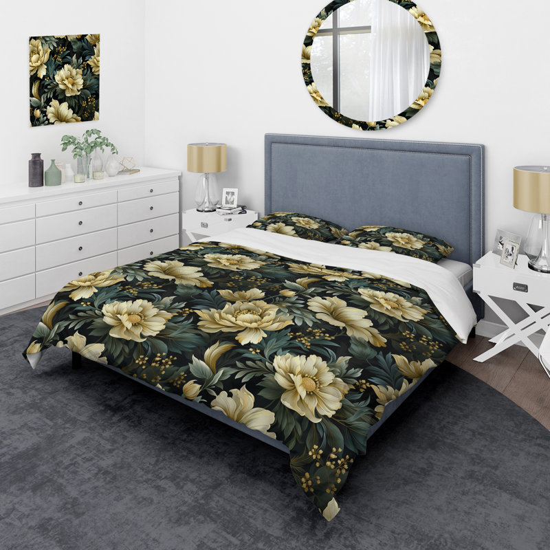 Ensemble de housse de couette Green Damask Marigold Oasis I, Housse de couette pour grand lit et 2 taies décor