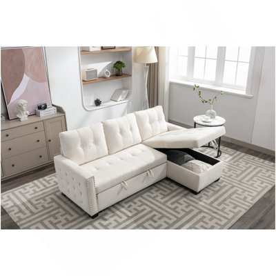 77 Inch Reversible Sectional Storage Sleeper Sofa Bed , L-Shape 2 Seat Sectional Chaise With Storage , Skin-Feeling Velvet Fabric ,Beige Color For Living Room Furniture