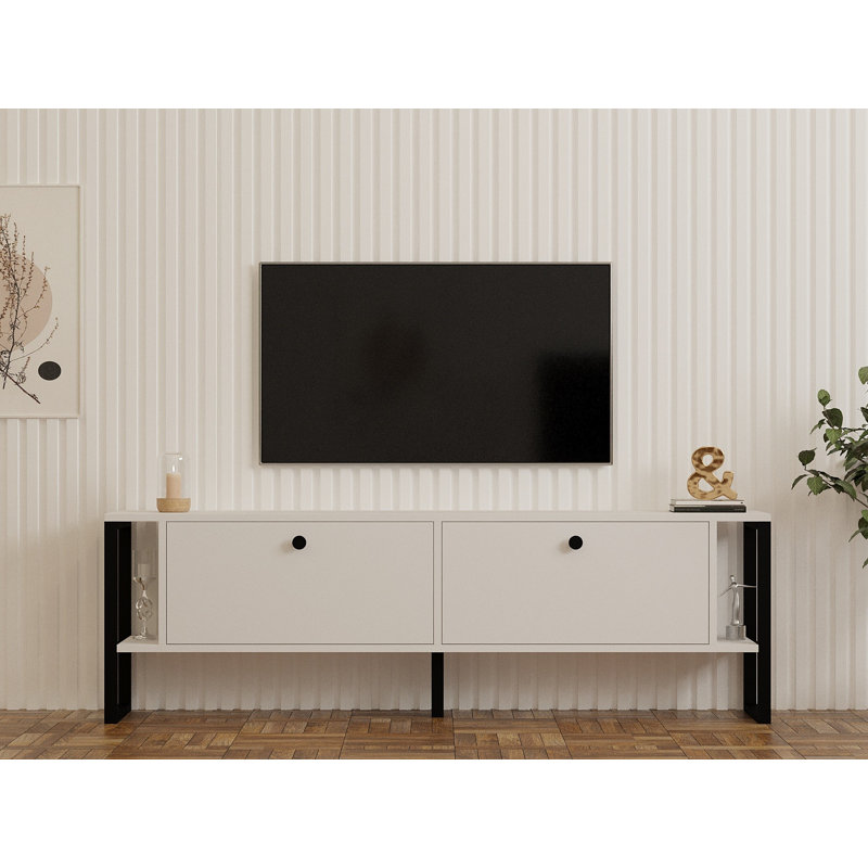 Meuble télé moderne avec tablettes multiples, blanc, 63,0 x 19,8 x 20,0 pouces | 100% panneau de particules enduit de mélamine, épaisseur: 0,7 pouce | Rangement supplémentaire pour le salon et les espaces de divertissement, design élégant et fonctionnel
