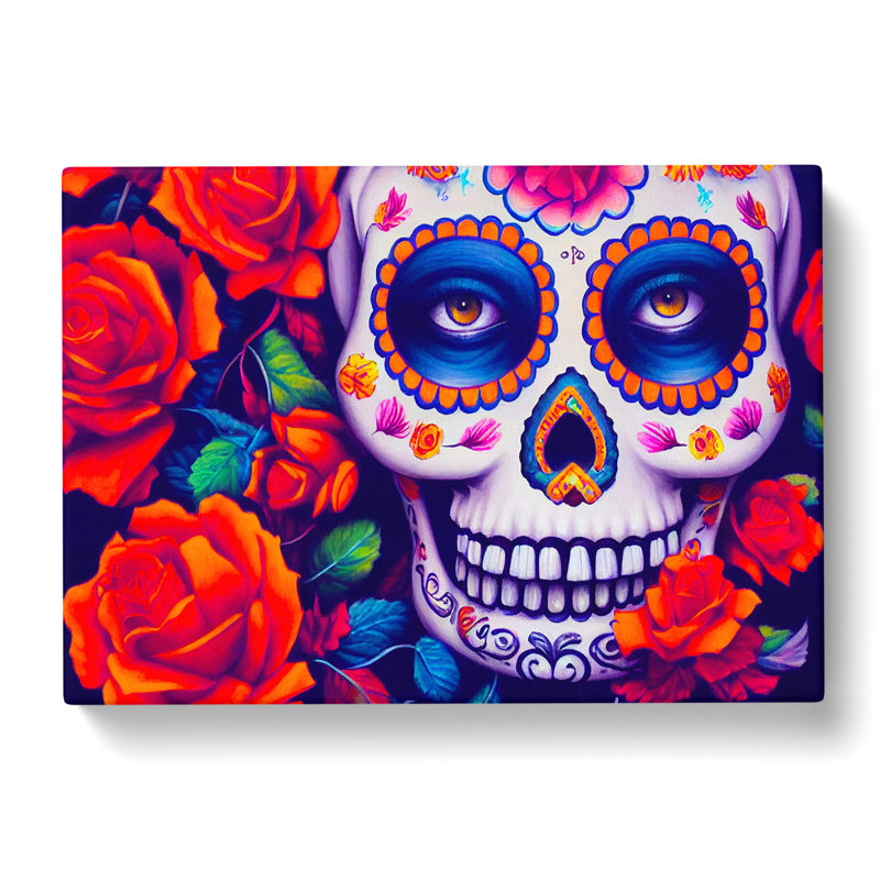Glowing Floral Sugar Skull - Wrapped Canvas, 50cm H x 76cm W x 3cm D