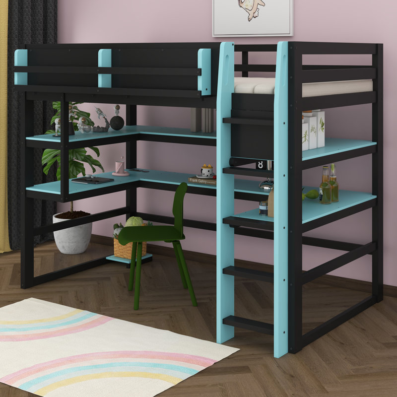 Wood Loft Bed With Desk,Side Storage Rack,Multi-Storage Shelves And RGB Light, Lit simple, Bleu nuage