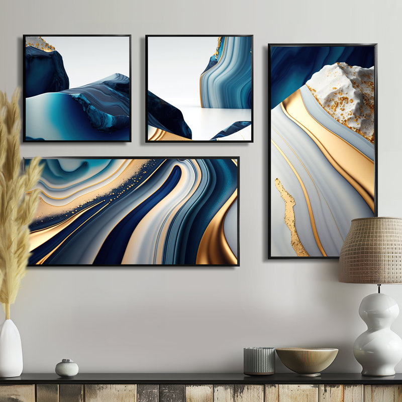 «Abstract Geode Waves Blue I» - Art mural bleu 4 pièces, Noir, Impression encadrée sans passe-partout