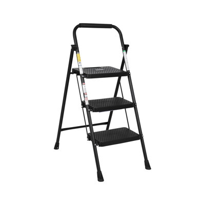 Simpli-Magic Heavy Duty 3-Step Stool, 800 LB Capacity Folding Step Ladder, ANSI Certified, Non-Slip Steps, Sturdy Handrail, Portable Lightweight Steel Design for Home, Office & Commercial Use, Black