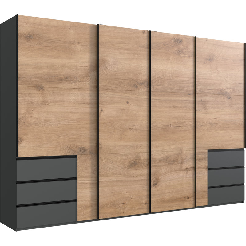 Guardino 4 Door Wardrobe, 236cm H x 350cm W x 65cm D, Graphite/Plank Oak