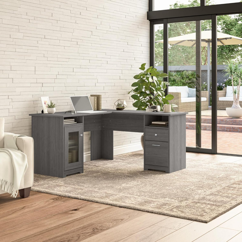 Bureau d'ordinateur en forme de L, bureau de coin gris moderne avec tiroirs et rangement pour l'espace de travail à domicile