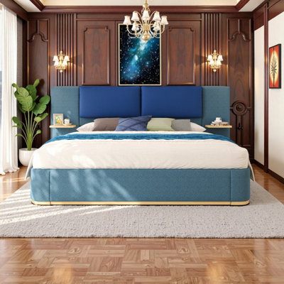 Base de lit tapissier grand format en tissu avec tablettes de rangement intégrées Coins arrondis anti-collision Aucun sommier requis