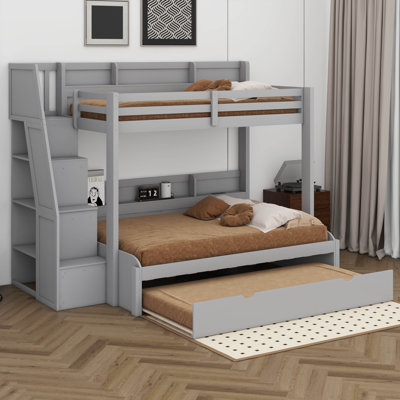 Twin Over Full Bunk Bed With Storage Staircase, Storage Shelves And USB, Bunk Bed Frame With Trundle