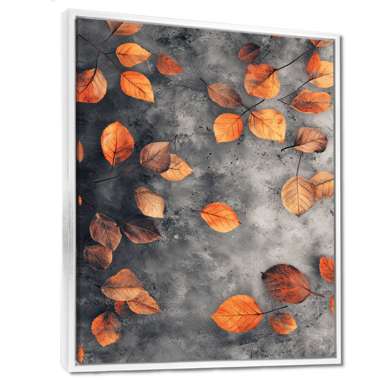 Ashlyn Orange Autumn Leaves I - feuilles, art mural, H 20 po x l 12 po, Reproduction avec cadre flottant, Blanc