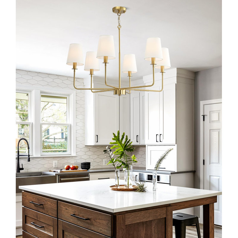 Lustre de ferme 6 lumières avec abat-jour en lin, chaîne de suspension réglable pour îlot de cuisine, salle à manger, vestibule, plafonnier industriel rustique, base candélabre E12