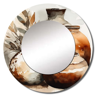 Perdigon Brown And Cream Earthen Elegant Vase I - Boho Pottery Decorative Mirror, Traditional Round Wall Mirror, Printed Metal Art
