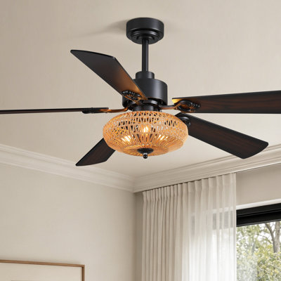 Ventilateur de plafond noir 52 po avec abat-jour pleine couverture tissé en corde de papier, minuterie et télécommande (ampoule non incluse)