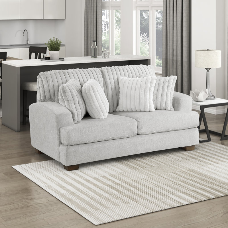 Soliz 69.5" Modern & Contemporary Textured Microfiber and Corduroy Loveseat with Reversible Cushions, 4 Included Pillows & Dark Brown Wood Legs