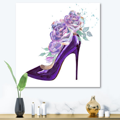 Chaussure de stiletto mauve foncé avec roses roses et violettes - peinture sur toile tendue