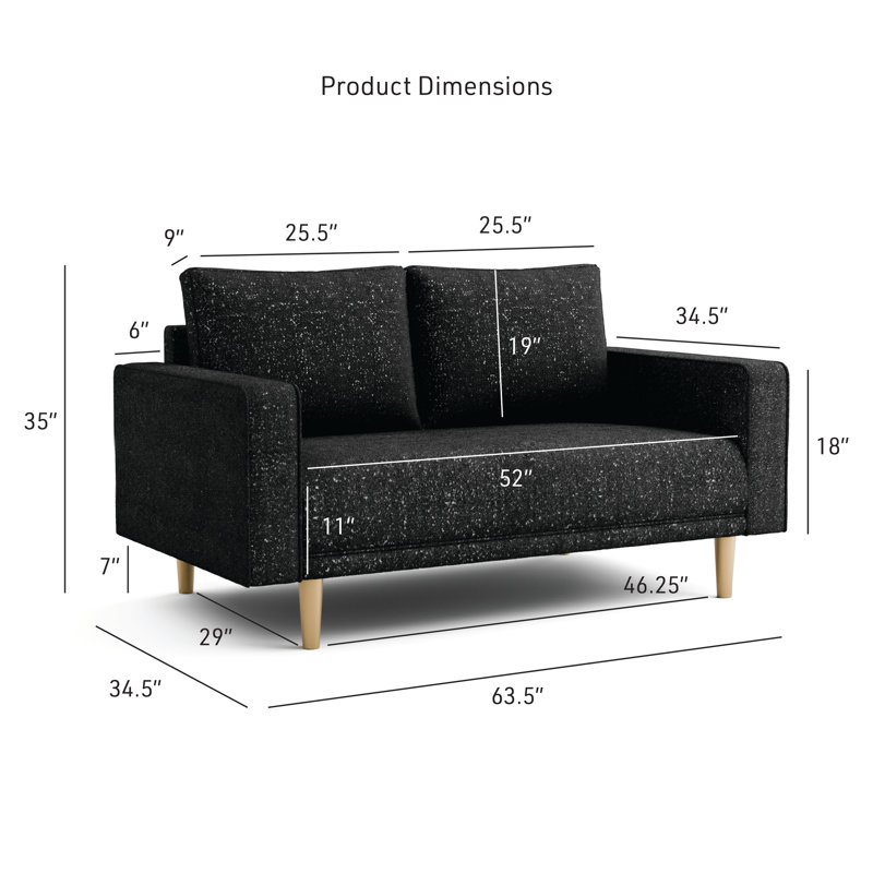 Celal Upholstered Loveseat, Black, 35"H x 63.5"W x 34.5"D