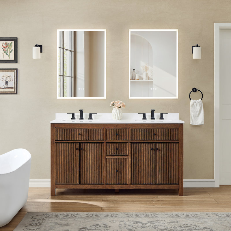 Pendry 60" Freestanding Double Bathroom Vanity with Top, Dark Walnut, Matte Black, Giotto Quartz