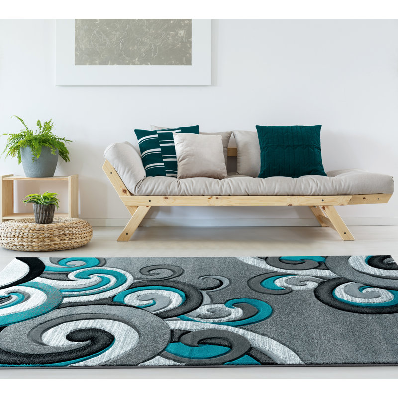 Tapis turquoise / gris à motif cachemire Zabala, Rond 7 pi 10 po