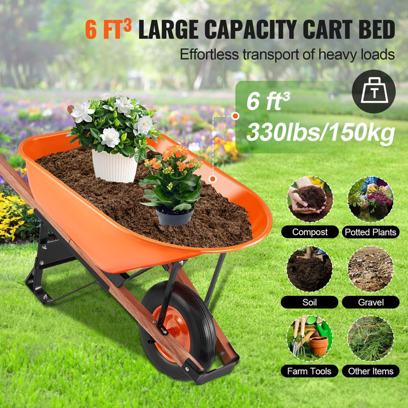 Chariot de jardin à 1 roue, capacité de 330 lb, 6 pieds cubes, cadre en acier avec plateau en fer, 1 pièce, chariot utilitaire, noir, roue en mousse de 16 po et poignée ergonomique