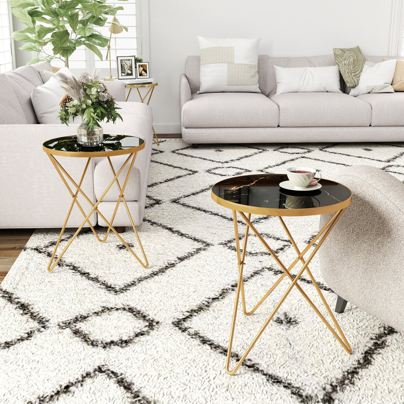 Modern Faux Marble Top Round End Table For Living Room, Bedroom, or Office, Black