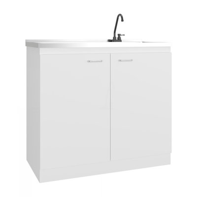 Napoles Utility Sink With Faucet Inclued And Integrated Stainless Steel Counter Top, Freestanding Cabinet With Two Doors, Metal Handles And Two Interior Shelves, White