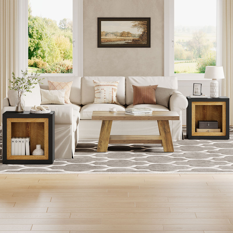 Table de bout avec design inspiré du cadre, table d'appoint rectangulaire avec grande tablette de rangement