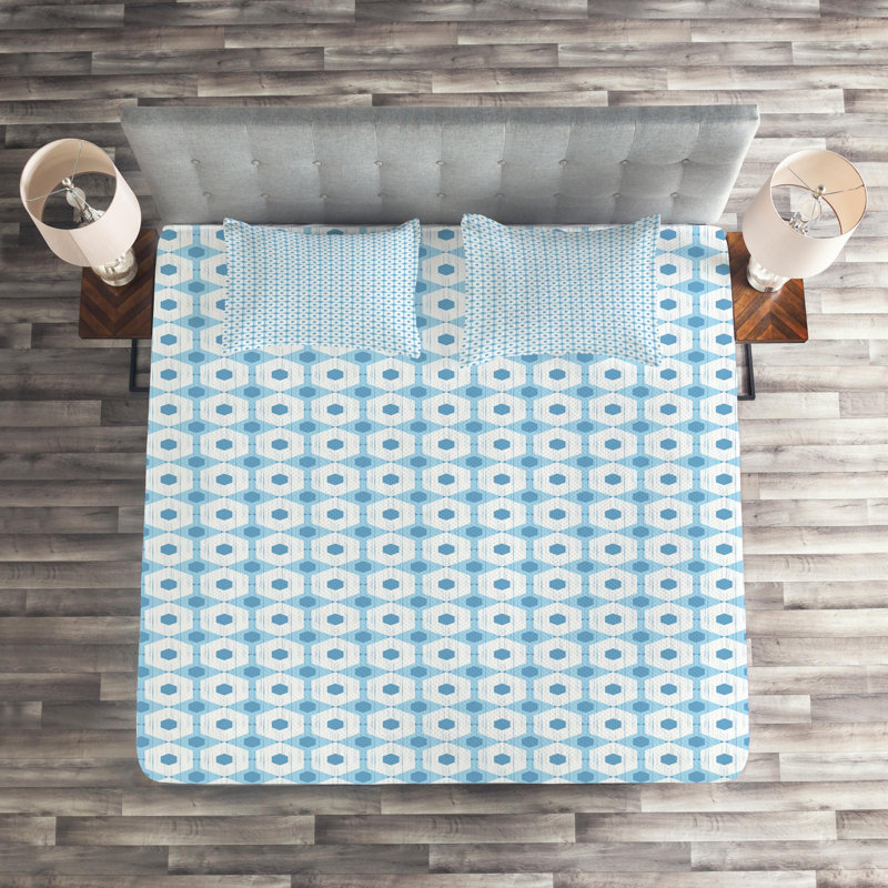 Morrocan Eclectic Polyester Ikat Coverlet, Queen Bedspread + 2 Shams, Blue Geometric