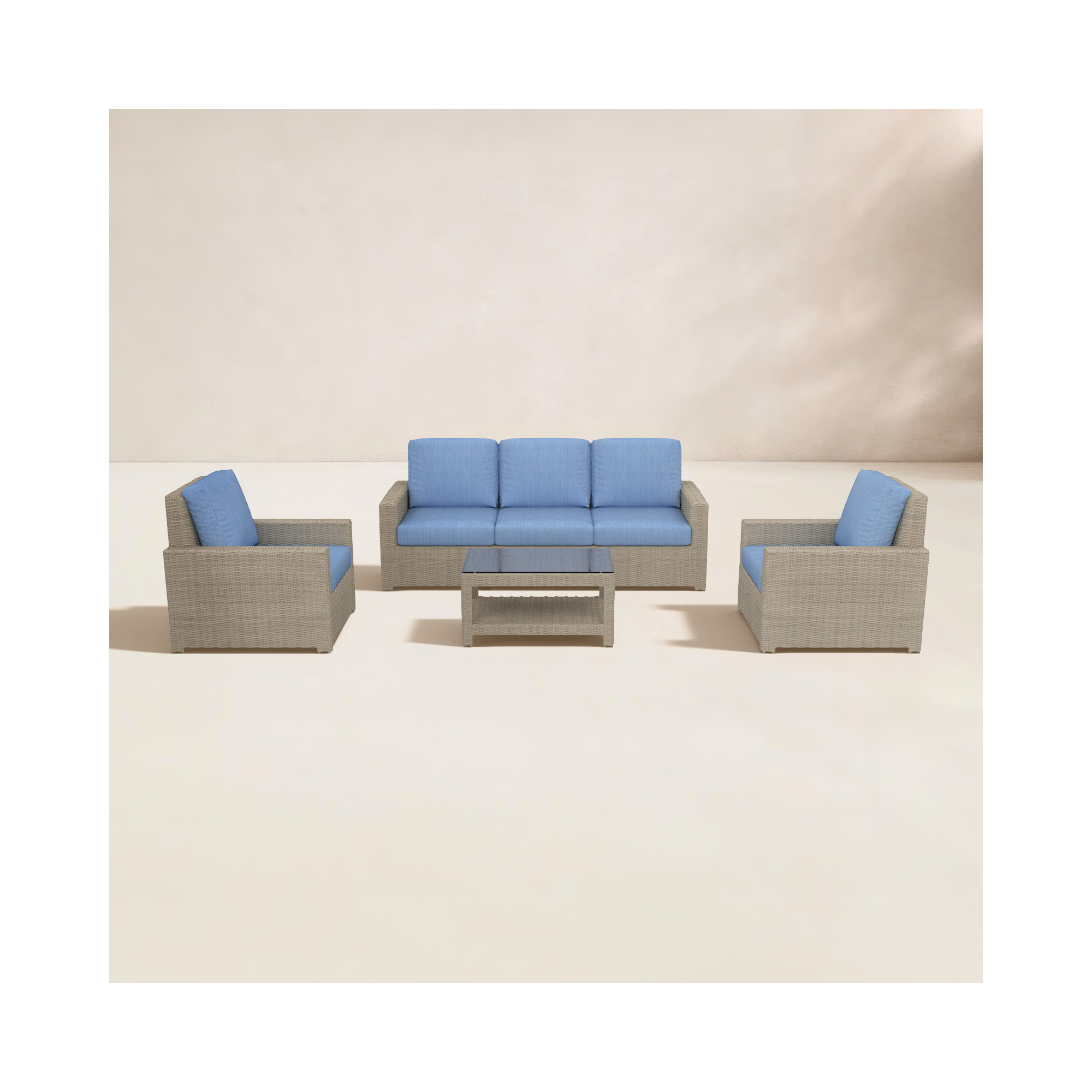 Outdoor Patio Sofa Conversation Set With Sunbrella Cushions, Cast Ocean