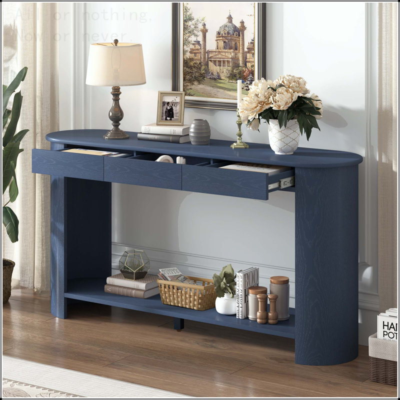 Console moderne en placage de chêne avec 3 tiroirs et tablette, Marine