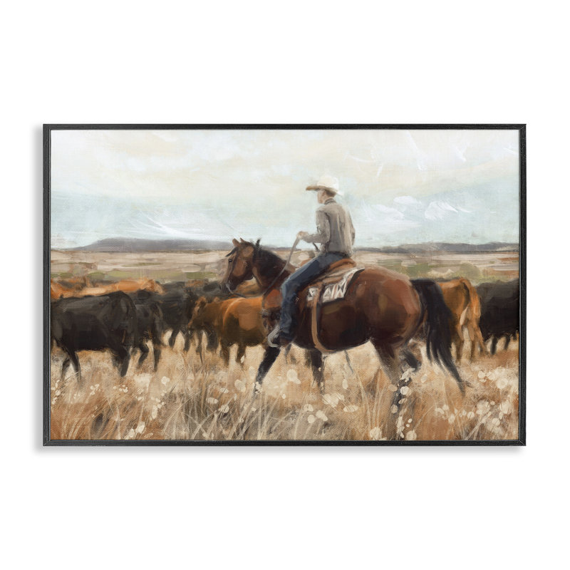 «Cowboy Rounding Bovins», estampe numérique encadrée par Nina Blue, Giclée encadrée noir minuit, H 16 po x l 24 po