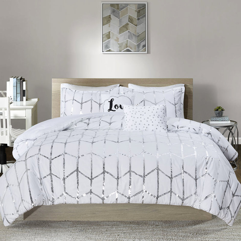 Édredon double / grand imprimé métallique - imprimé géométrique argenté sur fond blanc, microfibre douce, 2 taies décoratives, coussins décoratifs, style moderne pliable